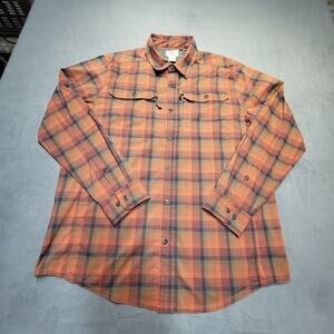 LL Bean Shirt Men’s L Orange Plaid Button Up Long Sleeve Zip Pockets